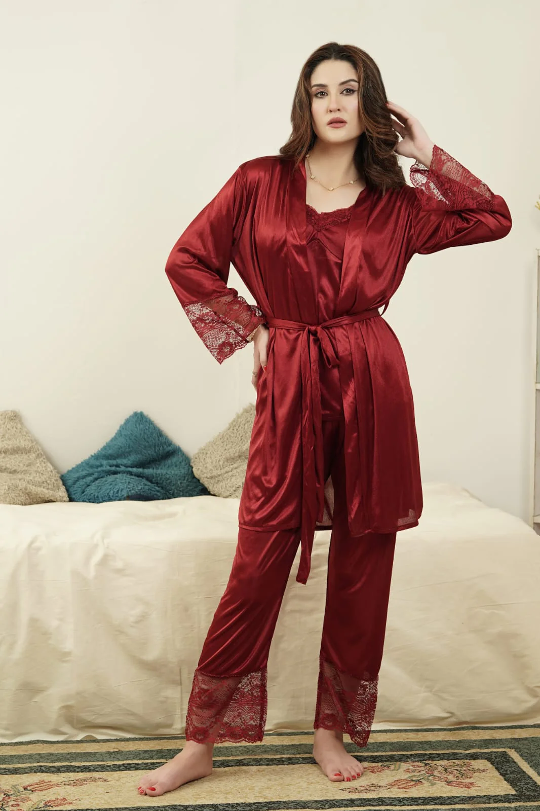 Adara Lace-Trim Satin Pajama Set