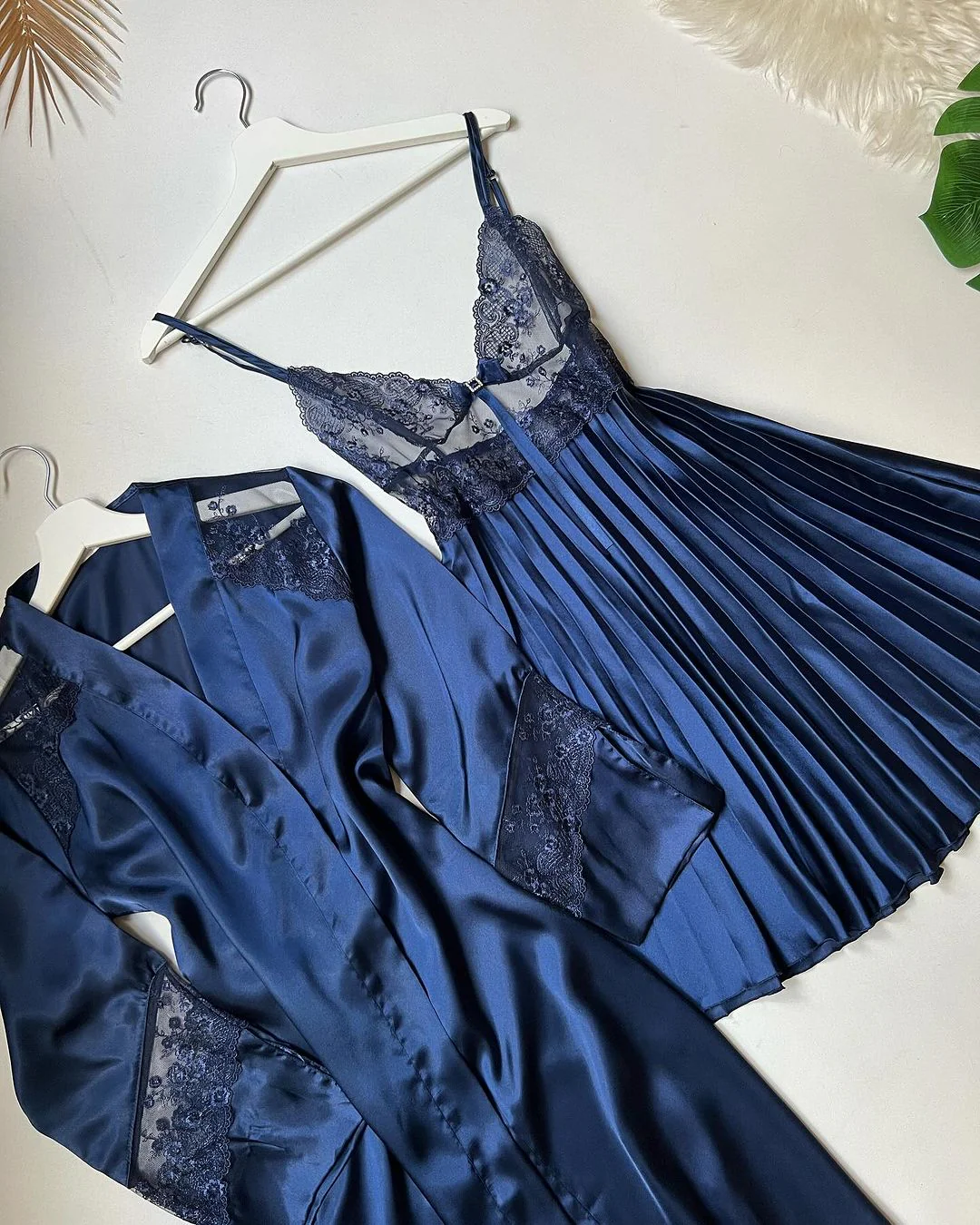 Seraphine Lace-Trim Satin Robe & Nightdress Set